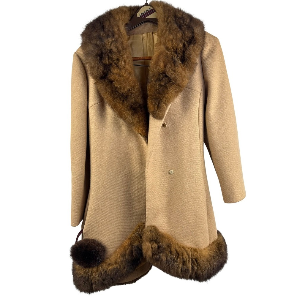 Vintage Camel Wool Blend Coat Faux Fur Collar Belted Tan Womens Medium 1960s